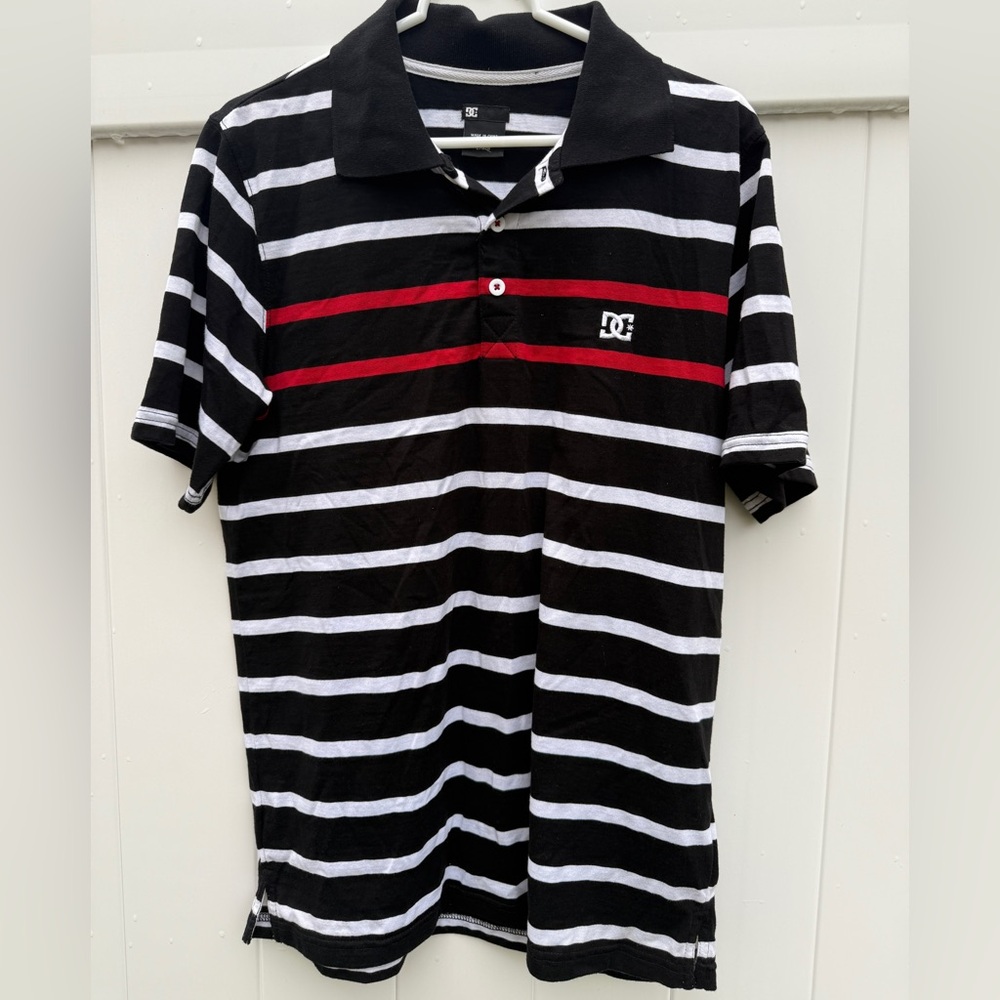 DC Men’s Black and White Striped Polo Shirt